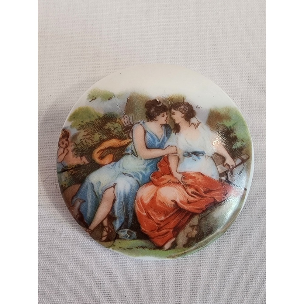 Vintage Germany Porcelain Brooch Fragonard Style Garden Scene Round Ceramic Pin